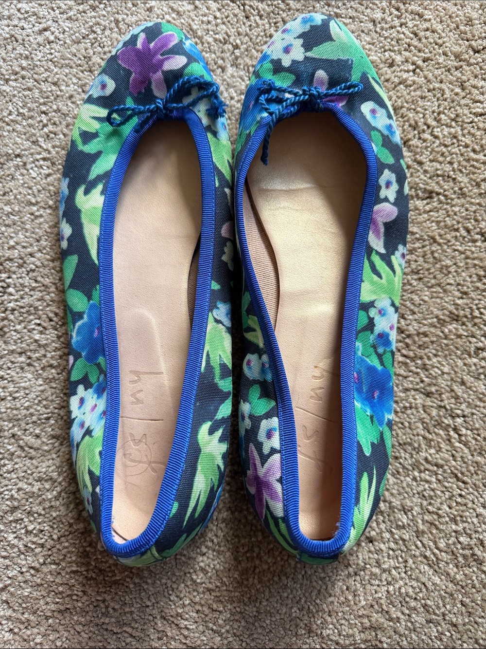 French Sole Blue and Green Floral Ballet Flats